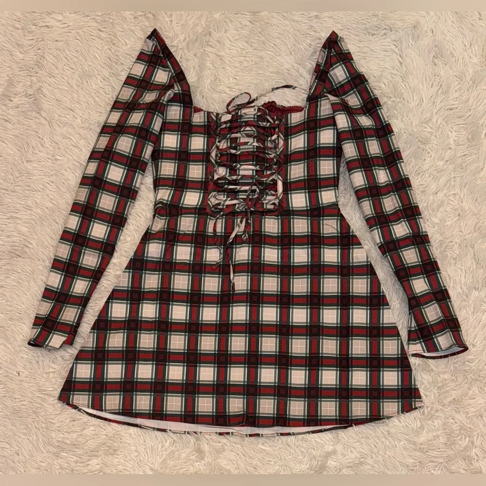 NEW House of CB Malika Long Sleeve Cocktail Tartan Minidress sz L fuller cup_2